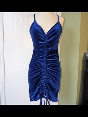 Double Crazy Blue Velvet Ruched Spaghetti Strap Dress Sz M